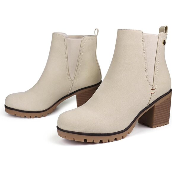 Jabasic Womens Sand Chelsea Block Heel Slip On Faux Suede Classic Ankle Booties - Picture 4 of 6